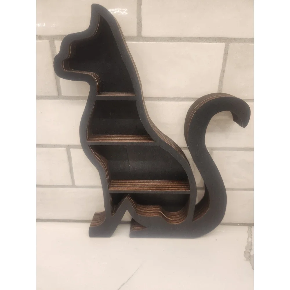 Black Sitting Cat Shaped Shadow Box Or Trinket Shelf Table Top Display Shelf